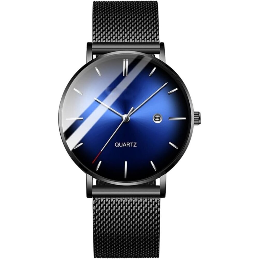 Men's Black Gold-Sliver Ultra-Thin Minimal Waterproof Stain Steel Buckle Watch